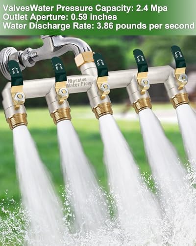 5 Way Hose Splitter, Heavy Duty Full Flow Garden Hose Splitter with 4 Large Metal Handles, Brass Water Hose Bib Splitter, T Adapter Connector with 3/4 - Inch GHT Thread (Green) - Image 6