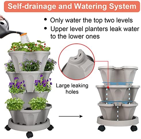 GameXcel Vertical Planter Tower - 4 Tier Stackable Garden Planters with Wheels and Tools Plant Pots for Strawberry Herb Flower and Vegetable Indoor Outdoor Use Gray 2 Pack - Image 4
