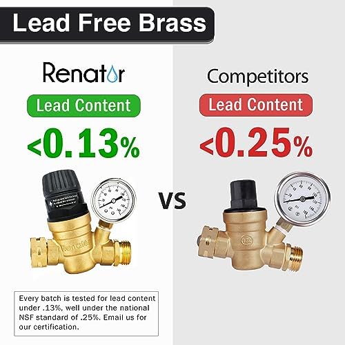 Renator RV Water Pressure Regulator for RV Camper. Brass Lead-free Adjustable Water Pressure Regulator with Gauge for Camper Travel Trailer, Reducer Valve W Filter. M22-0660R. - Image 4
