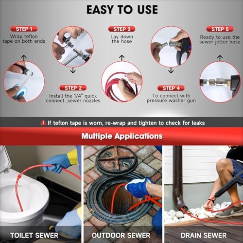 Sewer Jetter Kit for Pressure Washer – 50ft Water Jet Drain Cleaning Hose 5800PSI 1/4 Inch NPT Corner with Sewer Cleaning Tool High Pressure Nozzles and Spanner Waterproof Tape - Image 5