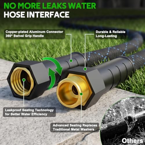 Non-Expanding Garden Hose 100ft w/10 Function Nozzle, Lightweight Water Hose - Image 4