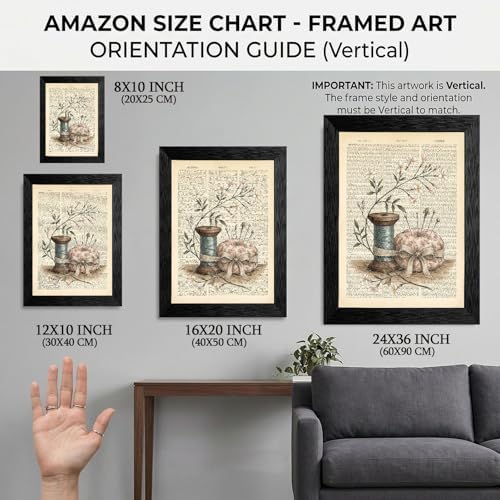 Framed Canvas Wall Art Vintage Sewing Kit Jasmine Earthy Sepia Botanical Spool Canvas Print Poster Black Frame Wall Decor for Craft Room Studio Cottagecore, Antique Encyclopedia Art - 12x16 Inch - Image 2