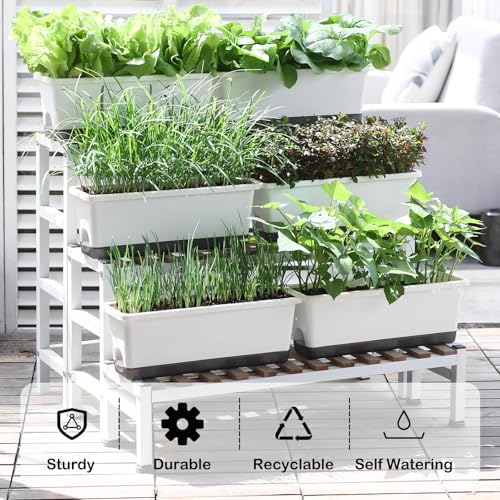 Window Box Planter 4 Packs, 17 Inches Rectangle Flower Pots with Drainage Holes & Trays, Pots for Vegetables, Herbs, Flowers, Garden Windowsill Balcony (White, 17 * 5.1 * 6 inch) - Image 5