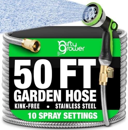 50 FT Garden Hose Stainless Steel Heavy Duty with Spray Nozzle, Lightweight and No-Kink Flexible Water Hose 50 FT with 3/4" Solid Brass Fittings, Metal Waterhose for Outside 50FT, Manguera para Jardin by NiftyGrower