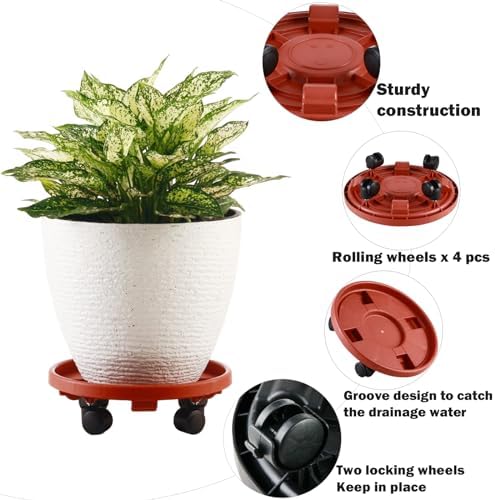 5 Packs Large Plant Caddy with Wheels 13" Rolling Wheeled Plant Stands Heavy-duty Plastic Flower Pot Roller Base Movers Indoor Outdoor Planter Dolly with Casters Trolley, Red - Image 2