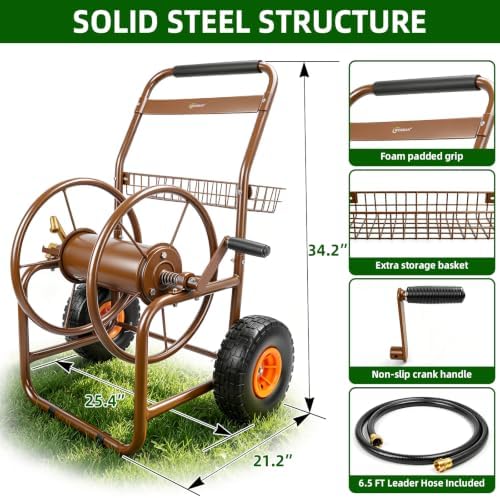 WERMAH Garden Hose Reel Cart, Heavy Duty Metal w/2 Wheels, Holds 230ft 5/8" - Image 5