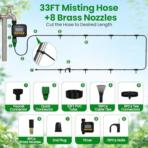 Misters for Outside Patio with Timer, Misting Cooling System with 33FT Hose and 8 Brass Nozzles, 9 Modes, 3/4” NPT Faucet Adapter, Automatic Misters for Chicken Coop Backyard Garden Porch Gazebos - Image 2