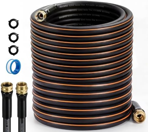 Garden Hose, 50ft 5/8" Heavy Duty Rubber Water Hose, 550 PSI Burst, 360° Anti-Kink Swivel Connectors, All-Weather Flexible, Leakproof 3/4" Brass Male to Female Fittings by GOCHIFIX