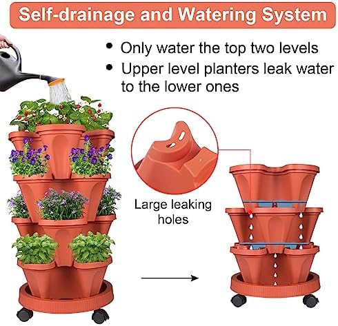 GameXcel Vertical Planter Tower - 4 Tier Stackable Garden Planters with Wheels and Tools Plant Pots for Strawberry Herb Flower and Vegetable Indoor Outdoor Use Red - Image 4
