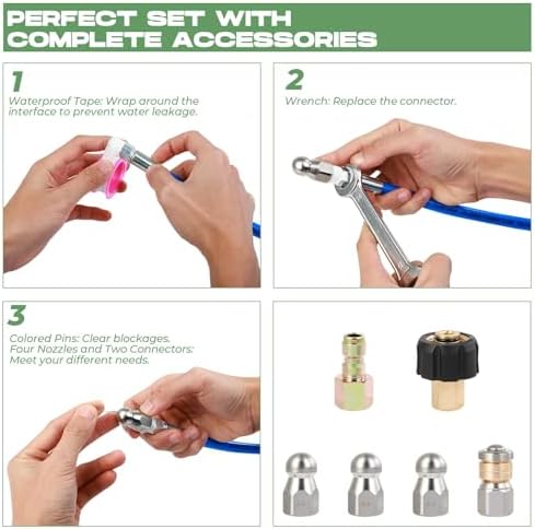 Sewer Jetter Kit for Pressure Washer 50FT, 5800 PSI Water Jet Drain Cleaner Hose 1/4 Inch NPT Corner, Rotating and Button Sewer Jetting Nozzles, Waterproof Tape, Spanners, and Pearl Corsage Pin - Image 4