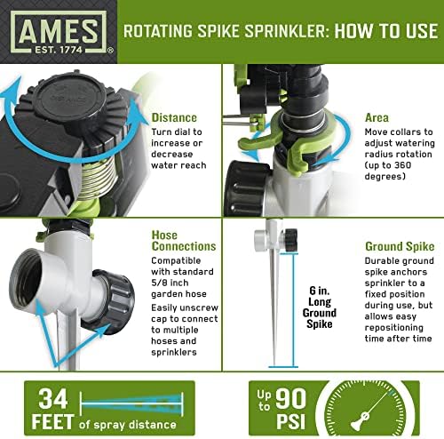 AMES (3) Piece Sprinkler & Sprayer Set with (1) Pulsating Spike Style, (1) 3 Arm Rotating Sprinkler and (1) 7-Pattern Spray Nozzle for Lawn, Garden or Yard, Watering, Adjustable, Easy Hose Connections - Image 4