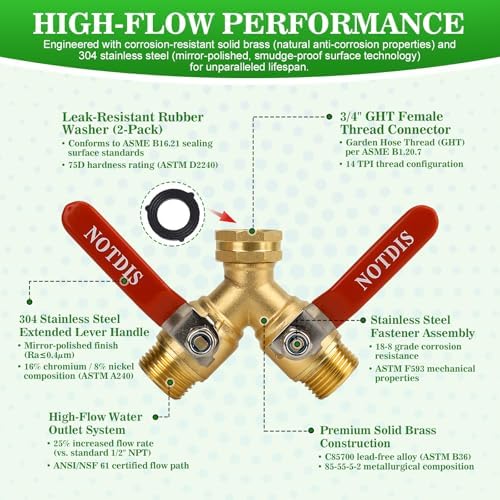 Hose Splitter 2 Way Heavy Duty Brass Garden Hose Splitter with 304 Stainless Steel Long Handle Outdoor Full Flow Hose Splitter Connector,Y Valve 3/4 Inch GHT Thread - Image 5