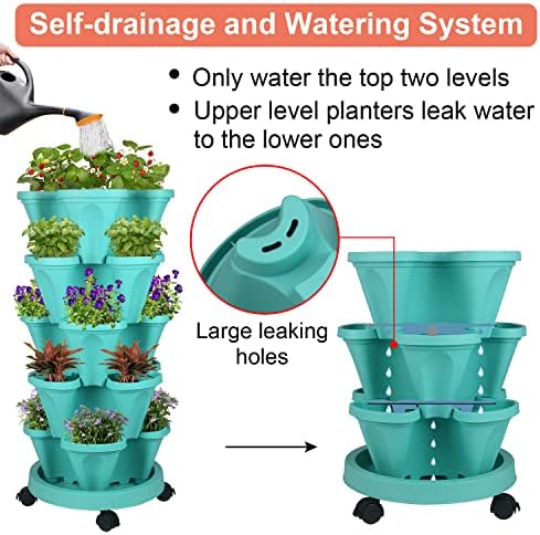 GameXcel Vertical Planter Tower - 5 Tier Stackable Garden Planters with Wheels and Tools Plant Pots for Strawberry Herb Flower and Vegetable Indoor Outdoor Use Teal 2 Pack - Image 4
