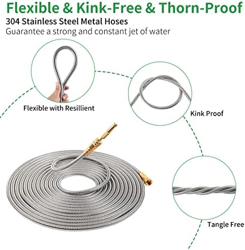 304 Stainless Steel Garden Hose, 100 ft Metal Garden Hose with 3/4" Connector Fittings and Sprayer, Heavy Duty Kink Free Flexible Outdoor Water Hose, Green - Image 2