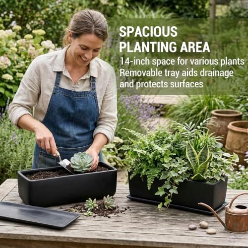 MyGift Matte Black Ceramic Indoor Plant Pot Succulent Planter, Decorative Flower Planter with Drainage Hole and Removable Tray (14 inch - 2 Pack) - Image 3