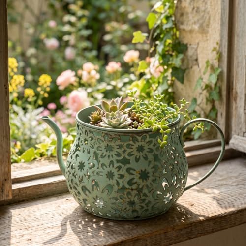 Watering Can Planter Perforated Decorative Flower Pot Cutout Watering Can with Long Spout for Decorators, Gardeners, Patio, Balcony, Indoor, Retro Green - Image 6