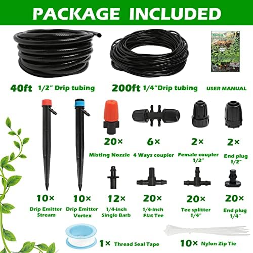 Maotong 240FT Drip Irrigation System Kit, Automatic Garden Watering Misting System for Greenhouse, Yard, Lawn, Plant with 1/2 inch Hose 1/4 inch Distribution Tubing and Accessories - Image 2