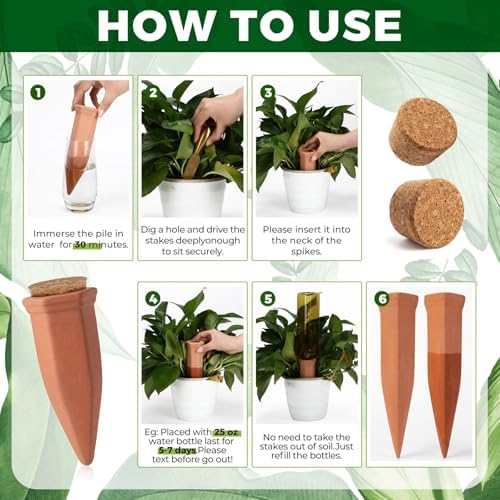 6 Pcs 4.9'' 5.9'' 6.7'' Terracotta Watering Spikes with Lid Automatic Plant Waterer Vacation Friendly Self Watering Planter Insert Plant Water Devices for Indoor Outdoor Plants, 3 Sizes - Image 3