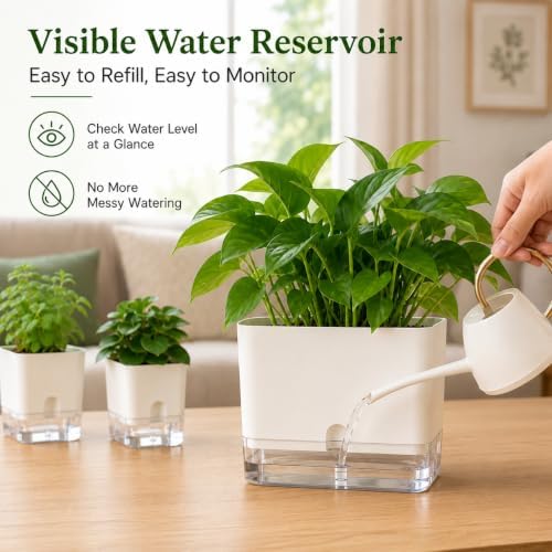 Planterhoma Self Watering Plant Pots for Indoor Plants 4.3 inch, 6 Packs Square Self-Watering Planters with Drainage Hole, White African Violet Pots for Devil's Ivy, Spider Plant, Orchid, Herb - Image 5