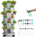 GameXcel Vertical Planter Tower - 6 Tier Stackable Garden Planters with Wheels and Garden Tool Set Plant Pots for Strawberry Herb Flower and Vegetable Indoor Outdoor Use Gray by GameXcel