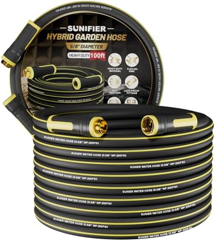 Hybrid Rubber Garden Hose 5/8 Inch, 100 ft Heavy Duty Kink-Free Water Hose, 3-Layer Reinforced, 600 PSI Burst Pressure, Water Safe, All-Weather Flexible Hoses for Yard, Lawn (Black,100 ft) by Sunifier