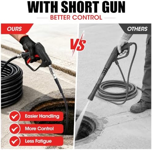 Sewer Jetter Kit for Pressure Washer 50 FT, Drain Cleaning Hose with Short Gun, 1/4" NPT, Rotating, Button Nose & Corner Nozzles, High Pressure Pipe Cleaner for Sewer and Drain Cleaning - Image 3