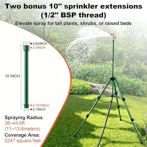 Impact Sprinkler Head on Telescoping Tripod Base with 2 Sprinkler Extensions, Heavy Duty Lawn Sprinklers, 360 Degree Large Area Irrigation, Solid Metal Extension Legs & Bottom Spikes - Image 4