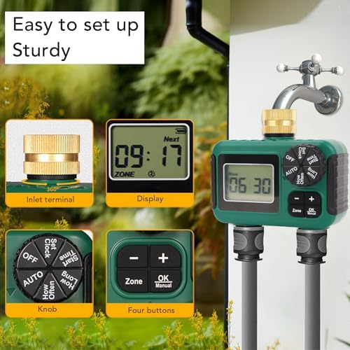 Sprinkler Timer 2 Zone, Brass Inlet NH3/4 Thread IPX5 Water Proof LCD Display Hose Timer for Garden, Yard, Lawn, Pool, Timed Irrigation, Programmable Water Controller - Image 2