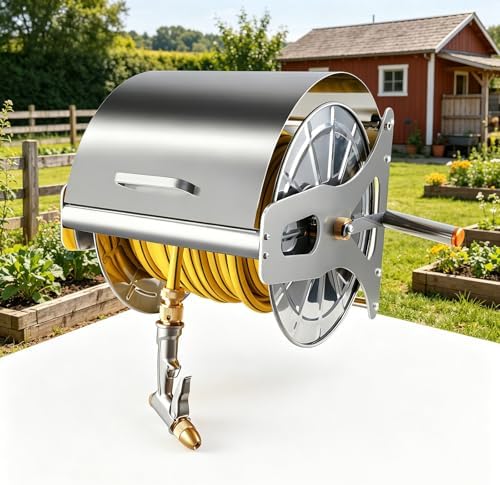 Garden Hose Reel Wall Mount, Heavy Duty Stainless Steel, 164ft Large Capacity, Rotatable 360° with Nozzle, Ideal for Outdoor Hose Storage and Organization by Unknown
