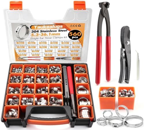 560PCS 22-Sizes Stepless Single Ear Hose Clamp Kit with Pliers & Cutter, 5.3-36.1mm (1/4"-1-3/8") 304 Stainless Steel Anti-Corrosion Clamps for Automotive Fuel Line,CV Boot,HVAC,Radiator & PEX by TAUKEALUGS