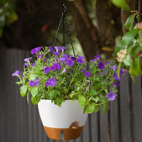 ZMTECH 12 Inch Hanging Planters for Indoor Outdoor Plants, 2 Pack Self Watering Hanging Plant Pots with Drainage Hole, Visual Reservoir, Plastic Flower Hanging Pots with Watering Lip (White) - Image 4