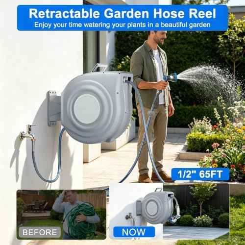 Retractable Garden Hose Reel, 1/2 in x 65 ft Wall Mounted Hose Reel - Image 2