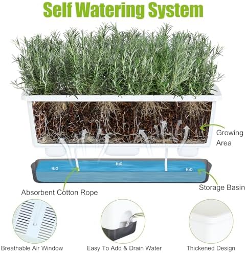 Window Box Planter 4 Packs, 17 Inches Rectangle Flower Pots with Drainage Holes & Trays, Pots for Vegetables, Herbs, Flowers, Garden Windowsill Balcony (White, 17 * 5.1 * 6 inch) - Image 3