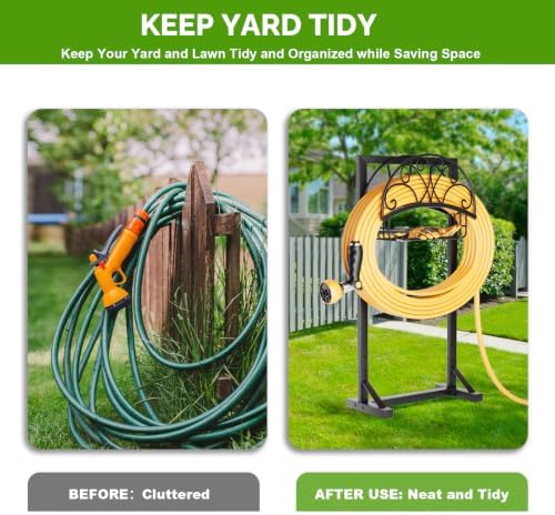 Garden Hose Holder with Storage Basket and Tool Hooks, Heavy-Duty Metal Hose Hanger Garden Hose Storage Holds 151Ft Hose, Rustproof Freestanding Water Hose Holder for Outside, Yard, Lawn - Image 2