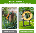 Garden Hose Holder with Storage Basket and Tool Hooks, Heavy-Duty Metal Hose Hanger Garden Hose Storage Holds 151Ft Hose, Rustproof Freestanding Water Hose Holder for Outside, Yard, Lawn - Image 2