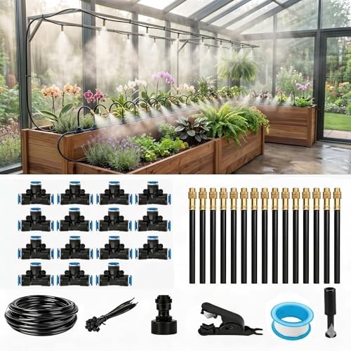 50Ft Drip Irrigation System, 360° Bendable Misting Irrigation Kit, Automatic Garden Watering System with Upgraded Brass Nozzles and 8mm Tubing,DIY Adjustable Sprinkler Set for Greenhouse,Yard,Patio by Zieyeen