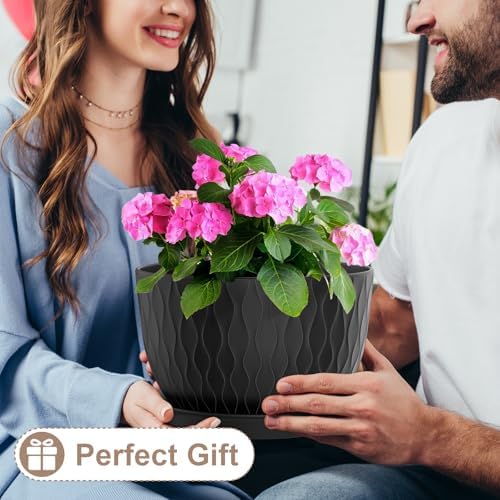WSMKSZ 12 Inch Large Plant Pots for Indoor or Outdoor Plants, Wide Water Ripples Flower Pots with Drainage Holes & Saucer, Plastic Planters Set for Garden & Home Decor (Black) - Image 5