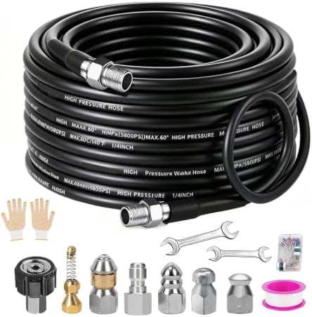 Sewer Jetter Kit for Pressure Washer 50FT, 5800PSI Drain Cleaner Hose 1/4 Inch NPT Corner Rotating and Button Nose Sewer Jetting Nozzle,Sewer Jetting Nozzles Kit with Spanner (50FT) by Laopypor