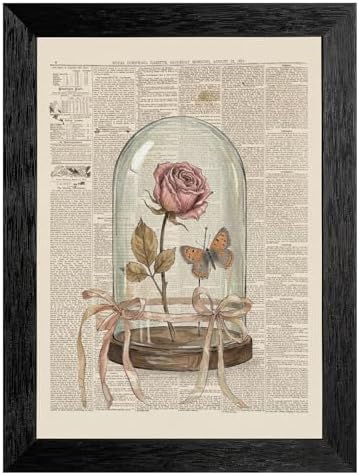 Framed Canvas Wall Art Vintage Mixed Media Dried Rose and Butterfly Cloche Muted Pink and Earthy Sepia Tones Canvas Print Poster Black Frame Wall Decor for Study Room Cottagecore Art, 24x36 Inch by Unknown
