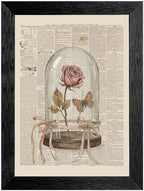 Framed Canvas Wall Art Vintage Mixed Media Dried Rose and Butterfly Cloche Muted Pink and Earthy Sepia Tones Canvas Print Poster Black Frame Wall Decor for Study Room Cottagecore Art, 24x36 Inch by Unknown