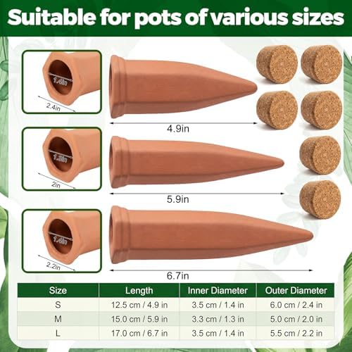 6 Pcs 4.9'' 5.9'' 6.7'' Terracotta Watering Spikes with Lid Automatic Plant Waterer Vacation Friendly Self Watering Planter Insert Plant Water Devices for Indoor Outdoor Plants, 3 Sizes - Image 2