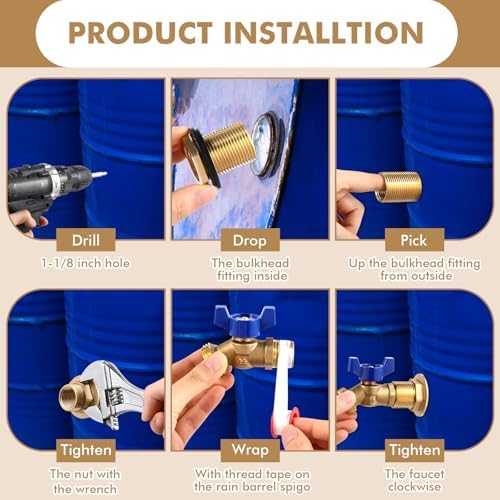 JaGely 3 Sets Brass Rain Barrel Spigot Kit with Heavy Duty Bulkhead Fitting Quarter Turn Ball Valve Rain Barrel Faucet for Aquariums, Water Tanks, Tubs, Pools(Blue) - Image 5