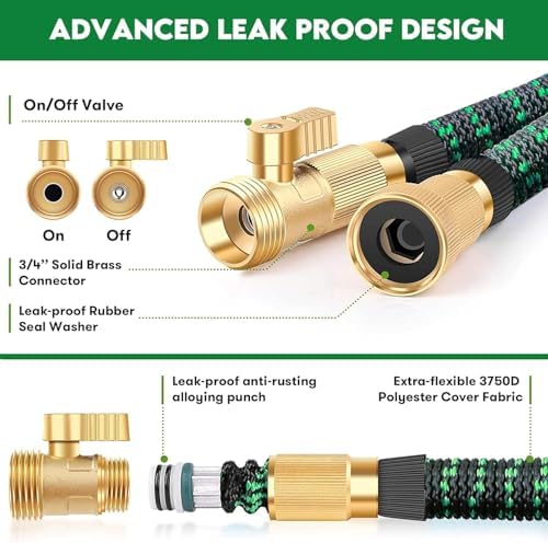 100 ft Expandable Garden Hose - Kink Free Flexible Water Hose with Thumb-Controlled 10-Function Nozzle, 3/4 Solid Connectors, Durable 3750D Fabric, 4-Layer Latex Core - Image 3