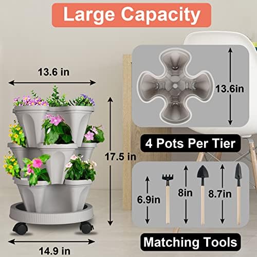 DUNCHATY Stackable Planter, Vertical Garden Planter with Wheels and Tools, Self Watering Strawberry Planter Indoor/Outdoor 3 Tier Herb Planter Pots for Growing Vegetables and Succulents,Gray - Image 7