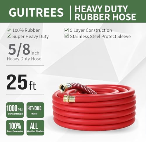 Guitrees 25FT 5/8 Heavy Duty Rubber Garden Hose - 300psi Working, 1000psi Burst - Hot/Cold Water - Five-Layered Braiding for Durability - Versatile for Gardening, Agriculture, Construction(Red) - Image 2