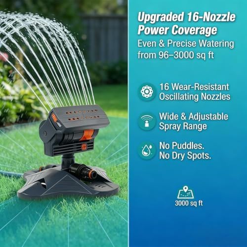 16-Nozzle Oscillating Sprinkler with Dual-Zone Sprinkler Water Timer, Adjustable Water Sprinklers for Lawn Yard Garden, Heavy Duty Automatic Irrigation System (Green with Water Timer) - Image 3