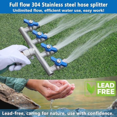 304 Stainless Steel Garden Hose Splitter 4 Way Heavy Duty, Full Flow T Valve Water Hose Splitter With 2.1" Extra Long Handle, Lead-free，3/4" GHT Thread Connector For Outdoor Spigot Faucet - Image 3