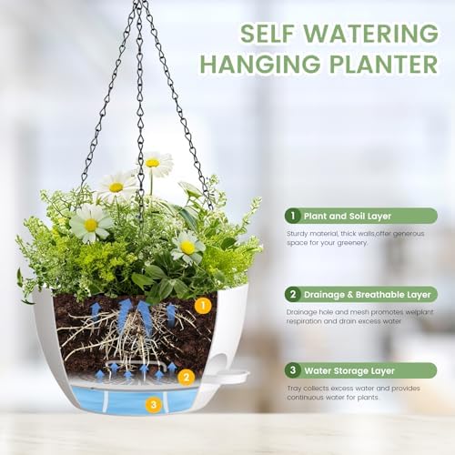 3 Pack 10 Hanging Flower Pots with Chains Self Watering Plastic Planters for Indoor Outdoor Plants, Sturdy Triangular Iron Chain Design for Garden PorchPlastic Hanging Flower pots (3, White) - Image 3