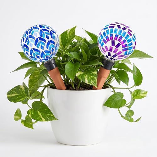 Decorative Mosaic Plant Watering Globes, 2 Pack Automatic Self Watering Spikes with Terracotta Stakes for Indoor Outdoor Garden Plants, Multi by Chonsun