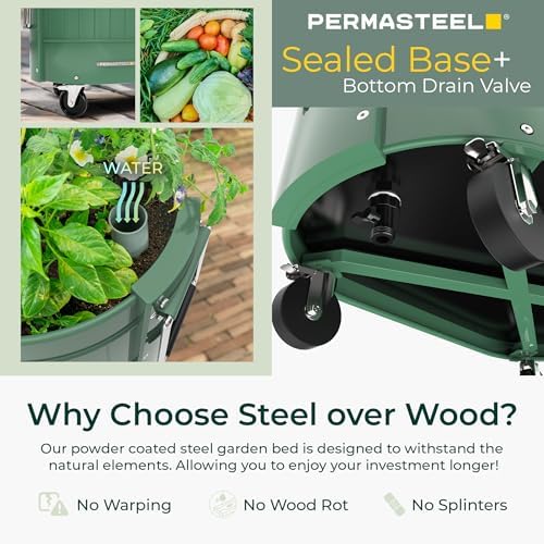 Permasteel Self-Watering Garden Bed, Rolling Planter for Vegetables, Flowers, Herbs, and Fruit, Outdoor Indoor, Caster Wheels, Sage - Image 5